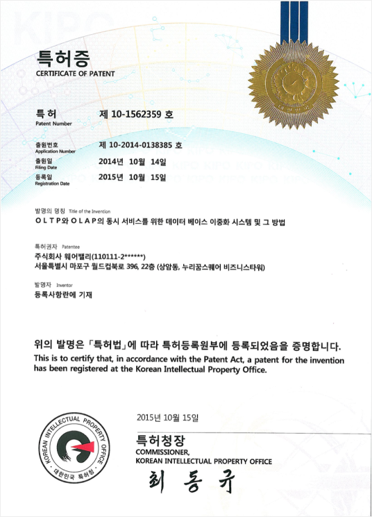 특허증 제 10-1562359 호